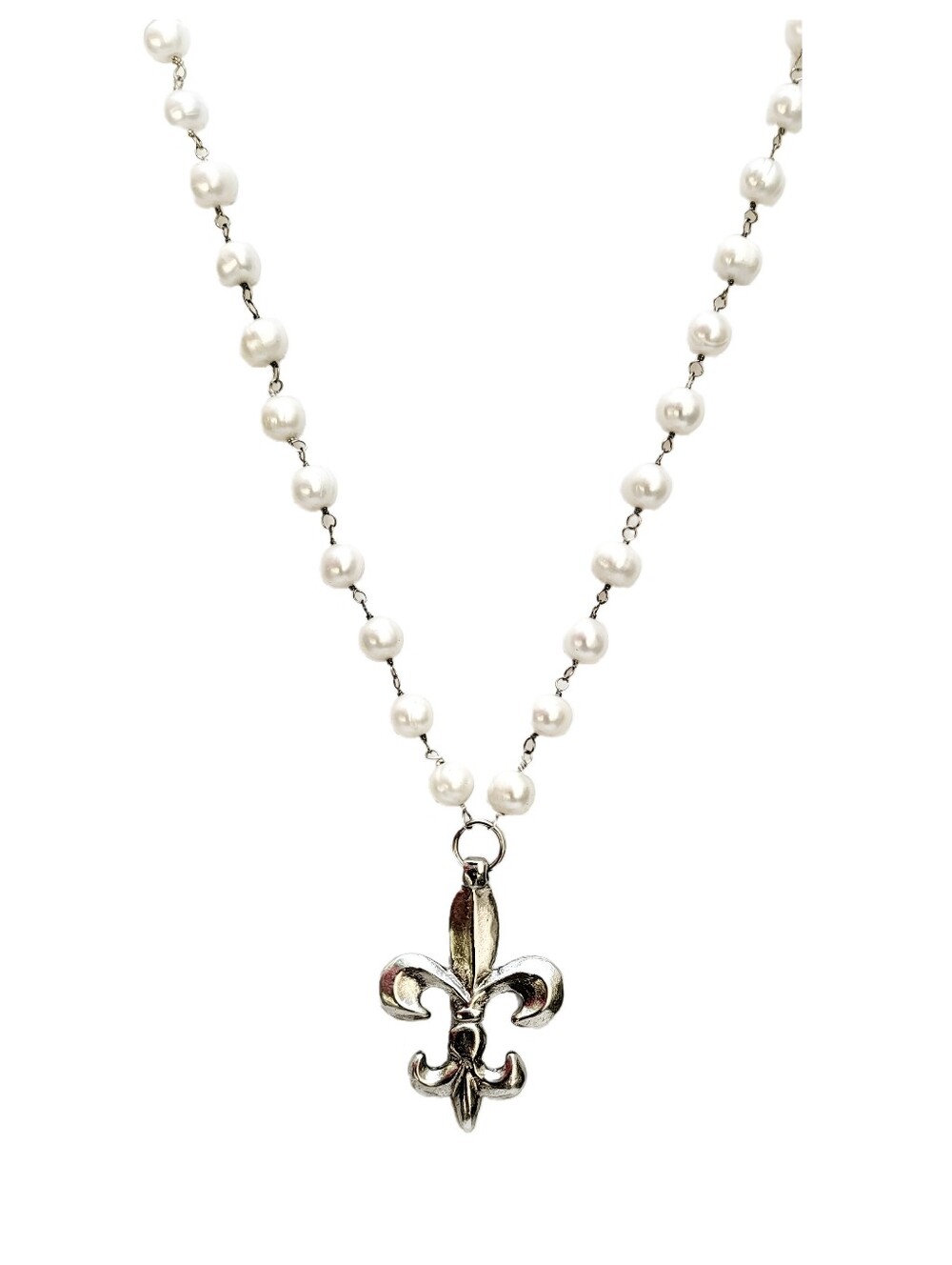 Sterling Silver Fleur-de-lis handwapped Pearl Necklace